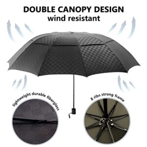 Satol Large Golf Umbrella 62 Inch, Black Automatic Windproof Double Canopy Vented 8 Ribs Sturdy Folding Umbrella, UPF 50+ Portable Wind Resistant Sun & Rain Compact Umbrellas for Travel (checkered)