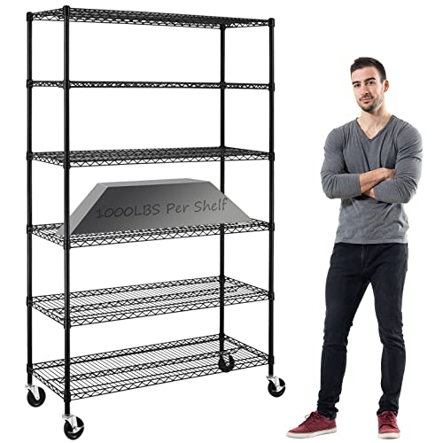 XXkseh 6000Lbs Capacity Storage Shelves Heavy Duty Shelving Unit 6 Tier Metal Shelving NSF Certified with Wheels and Adjustable Feets Commercial Grade Utility Shelf, 48"x 18"x 76" Wire Rack, Black