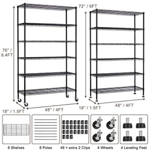 XXkseh 6000Lbs Capacity Storage Shelves Heavy Duty Shelving Unit 6 Tier Metal Shelving NSF Certified with Wheels and Adjustable Feets Commercial Grade Utility Shelf, 48"x 18"x 76" Wire Rack, Black