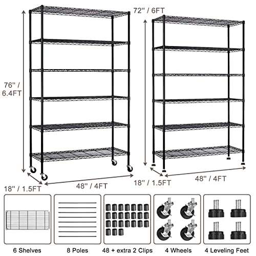 XXkseh 6000Lbs Capacity Storage Shelves Heavy Duty Shelving Unit 6 Tier Metal Shelving NSF Certified with Wheels and Adjustable Feets Commercial Grade Utility Shelf, 48"x 18"x 76" Wire Rack, Black