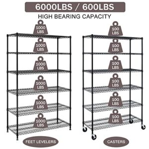 XXkseh 6000Lbs Capacity Storage Shelves Heavy Duty Shelving Unit 6 Tier Metal Shelving NSF Certified with Wheels and Adjustable Feets Commercial Grade Utility Shelf, 48"x 18"x 76" Wire Rack, Black