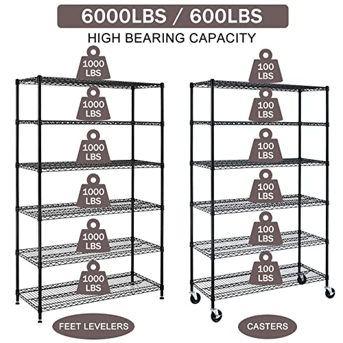 XXkseh 6000Lbs Capacity Storage Shelves Heavy Duty Shelving Unit 6 Tier Metal Shelving NSF Certified with Wheels and Adjustable Feets Commercial Grade Utility Shelf, 48"x 18"x 76" Wire Rack, Black