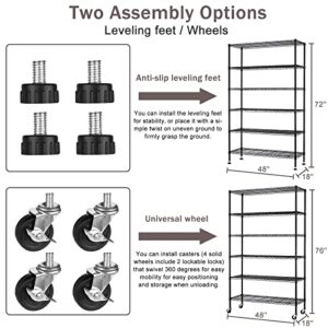 XXkseh 6000Lbs Capacity Storage Shelves Heavy Duty Shelving Unit 6 Tier Metal Shelving NSF Certified with Wheels and Adjustable Feets Commercial Grade Utility Shelf, 48"x 18"x 76" Wire Rack, Black