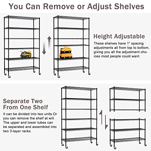 XXkseh 6000Lbs Capacity Storage Shelves Heavy Duty Shelving Unit 6 Tier Metal Shelving NSF Certified with Wheels and Adjustable Feets Commercial Grade Utility Shelf, 48"x 18"x 76" Wire Rack, Black