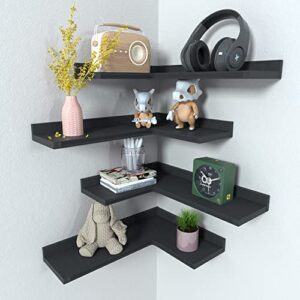 4 Tier Corner Floating Shelves Set of 4, Rustic Pine Wood Corner Shelves for Wall Storage and Decor, L-Shaped Corner Wall Mounted Shelf for Bedroom, Living Room, Bathroom, Kitchen and more - Black