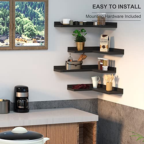 4 Tier Corner Floating Shelves Set of 4, Rustic Pine Wood Corner Shelves for Wall Storage and Decor, L-Shaped Corner Wall Mounted Shelf for Bedroom, Living Room, Bathroom, Kitchen and more - Black