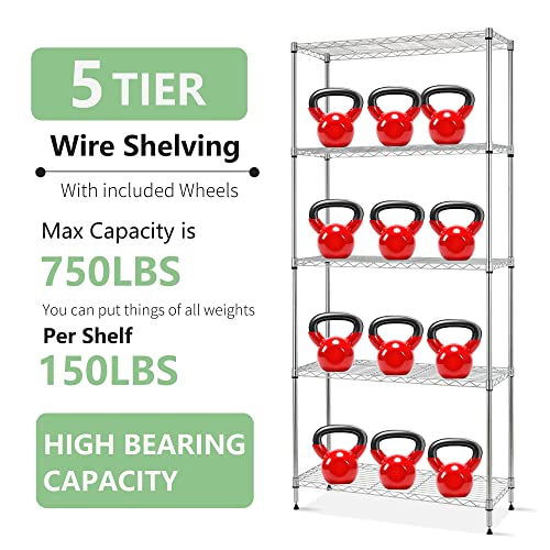 FDW 14" D×24" W×60" H Wire Shelving Unit Metal Commercial Shelf with 5 Tier Layer Rack Strong Steel for Restaurant Garage Pantry Kitchen Garage,Chrome