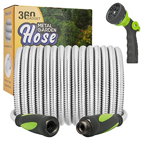 360Gadget Garden Hose - Water Hose 25 FT with Swivel Handle & 8 Function Nozzle, Flexible, Heavy Duty, No Kink, Lightweight Metal Hose for Outdoor, Yard, 304 Stainless Stee