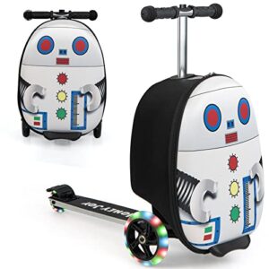 glacer 19” hardshell ride-on suitcase scooter, carry-on luggage & scooter w/led wheels, anti-slip aluminum deck, foldable kids ride-on suitcase for travel & school, cute & lightweight (robot)
