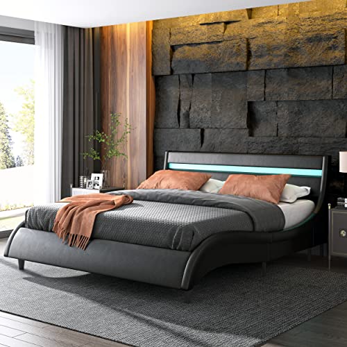 TTVIEW Queen Upholstered Smart LED Bed Frame with Headboard，Modern Faux Leather Wave-Like Platform Bed Frame, Low Profile Bed Frame with Solid Wood Slats Support, Black