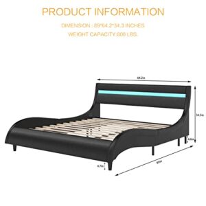 TTVIEW Queen Upholstered Smart LED Bed Frame with Headboard，Modern Faux Leather Wave-Like Platform Bed Frame, Low Profile Bed Frame with Solid Wood Slats Support, Black