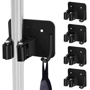 broom holder wall mount, screw drilling & no drill sturdy heavy duty stainless steel wall mounted, broom organizer wall mount with hooks hanger, wall holder for bathroom, garage, kitchen, garden