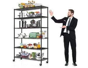 6-tier storage racks, 2100lbs capacity heavy duty metal shelf with wheels, nsf certified commercial grade adjustable large wire shelving unit for closet kitchen garage basement 48"lx18"wx72"h