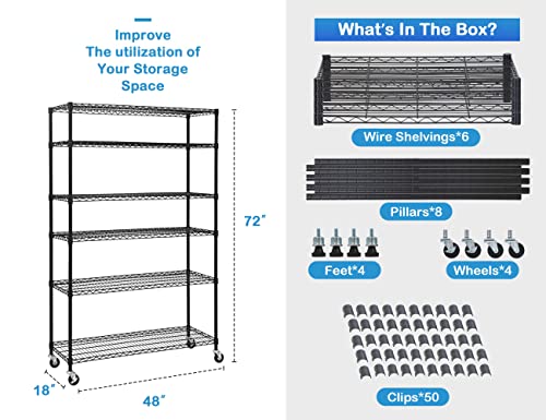 6-Tier Storage Racks, 2100Lbs Capacity Heavy Duty Metal Shelf with Wheels, NSF Certified Commercial Grade Adjustable Large Wire Shelving Unit for Closet Kitchen Garage Basement 48"Lx18"Wx72"H