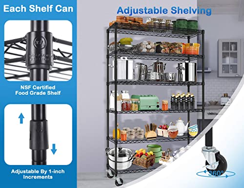 6-Tier Storage Racks, 2100Lbs Capacity Heavy Duty Metal Shelf with Wheels, NSF Certified Commercial Grade Adjustable Large Wire Shelving Unit for Closet Kitchen Garage Basement 48"Lx18"Wx72"H