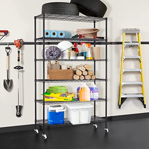 6-Tier Storage Racks, 2100Lbs Capacity Heavy Duty Metal Shelf with Wheels, NSF Certified Commercial Grade Adjustable Large Wire Shelving Unit for Closet Kitchen Garage Basement 48"Lx18"Wx72"H