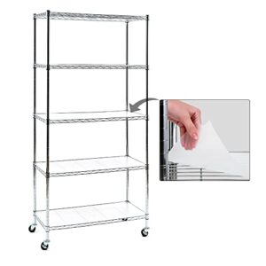 ezpeaks chrome 5-shelf shelving units and storage rack on wheels with shelf liners set of 5, nsf certified, adjustable matel wire shelving unit rack for garage, kitchen, office, (63h x 30w x 14d)