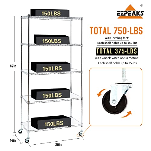 EZPEAKS Chrome 5-Shelf Shelving Units and Storage Rack on Wheels with Shelf Liners Set of 5, NSF Certified, Adjustable Matel Wire Shelving Unit Rack for Garage, Kitchen, Office, (63H X 30W X 14D)