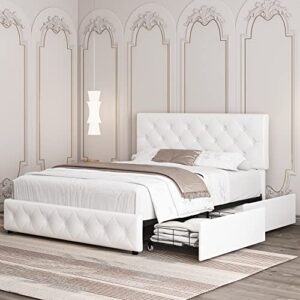 Queen Bed Frame with Storage and Adjustable Headboard, Bed Frame with 4 Drawers and Wooden Slats Support, No Box Spring Needed, PU, White
