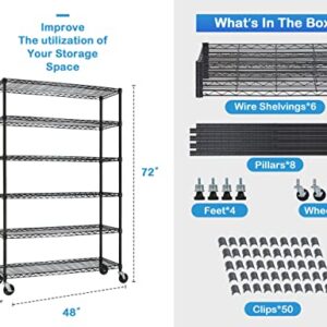 Haiput Wam Storage Shelves, 6 Tier Steel Wire Metal Shelving with 2100 Lbs Capacity for Kitchen Restaurant Pantry, Wire Shelving Storage Rack Shelves for Storage with Wheels and Feet -18x48x72