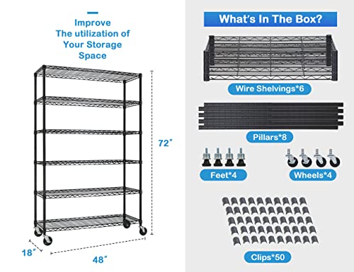 Haiput Wam Storage Shelves, 6 Tier Steel Wire Metal Shelving with 2100 Lbs Capacity for Kitchen Restaurant Pantry, Wire Shelving Storage Rack Shelves for Storage with Wheels and Feet -18x48x72