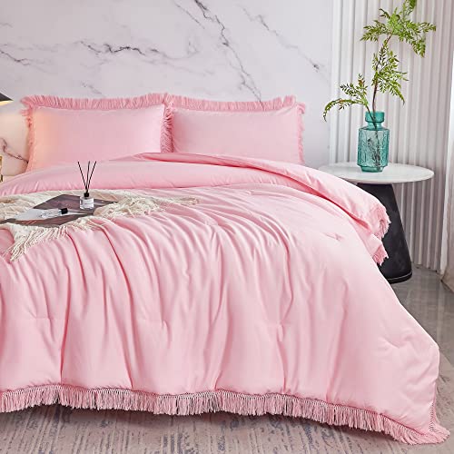 ZRNBAST 5 Pcs Blush Bed in a Bag Comforter Set with Tassel Bohemian Style Full Size Reversible Design Bedding with 2 Pillowcases Ultra Cozy Lightweight Quilt Set for Adults Kids (Blush, Full)