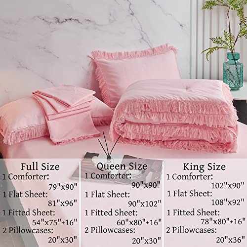 ZRNBAST 5 Pcs Blush Bed in a Bag Comforter Set with Tassel Bohemian Style Full Size Reversible Design Bedding with 2 Pillowcases Ultra Cozy Lightweight Quilt Set for Adults Kids (Blush, Full)