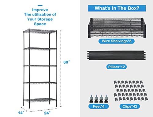 5-Shelf Metal Shelving Unit Height Adjustable Commercial Wire Shelving Rack with Leveling Feet 150Lb Capacity Per Shelf 24"x14"x60" Utility Storage Shelves for Kitchen Home Restaurant Pantry Office