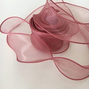 1-1/2 Inch Wide 10 Yards Dusty Rose Pink Wired Chiffon Ribbon Sheer Wired Organza Ribbon for Crafts Floral Bouquets Wedding Party Valentine's Day Decorations