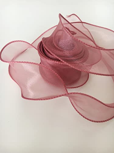 1-1/2 Inch Wide 10 Yards Dusty Rose Pink Wired Chiffon Ribbon Sheer Wired Organza Ribbon for Crafts Floral Bouquets Wedding Party Valentine's Day Decorations