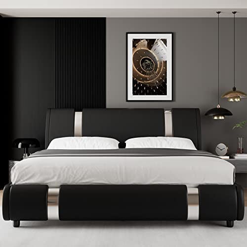 TTVIEW Modern Faux Leather Upholstered Platform Bed Frame with Iron Metal Decor, Adjustable Curved Headboard, Wooden Slats Support, No Box Spring Needed, Queen Size, Black