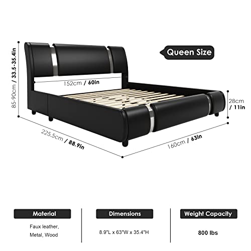 TTVIEW Modern Faux Leather Upholstered Platform Bed Frame with Iron Metal Decor, Adjustable Curved Headboard, Wooden Slats Support, No Box Spring Needed, Queen Size, Black