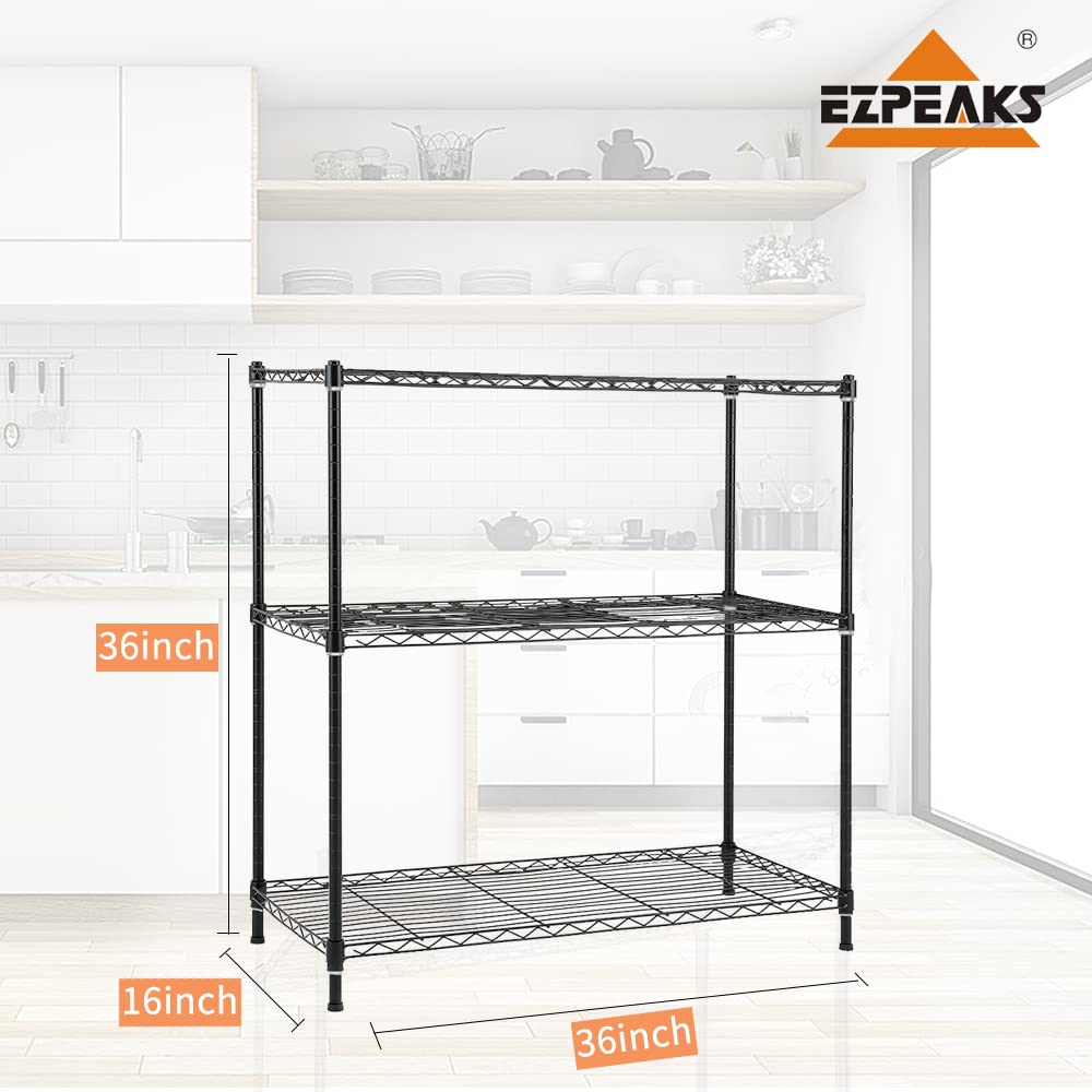 EZPEAKS 3-Shelf Shelving Unit with 3-Shelf Liners, Adjustable Rack, Steel Wire Shelves, Shelving Units and Storage for Kitchen and Garage (36W x 16D x 36H) Black