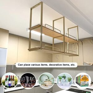Ceiling Shelf, Hanging Shelf with guardrail - 2 Layer Ceiling Mount Storage Rack with wooden boards, 47.2inch Metal display stand for wine bottle Plants books Storage, for Restaurant, Bar, Cafe