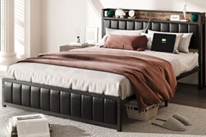 anctor full bed frame with storage headboard & footboard, upholstered platform bed with usb ports & outlets, strong steel slats support mattress foundation, no box spring needed