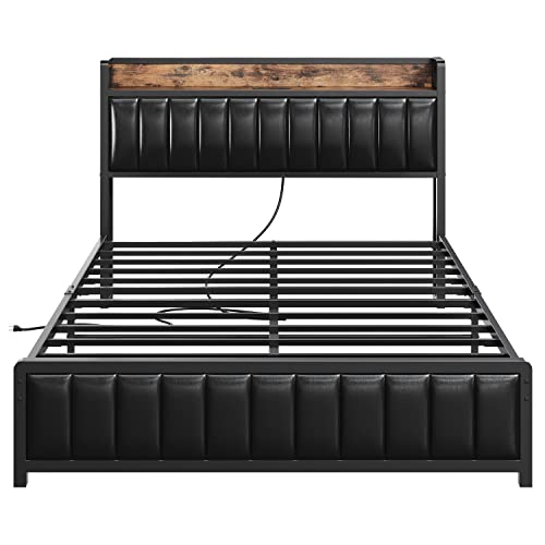 ANCTOR Full Bed Frame with Storage Headboard & Footboard, Upholstered Platform Bed with USB Ports & Outlets, Strong Steel Slats Support Mattress Foundation, No Box Spring Needed