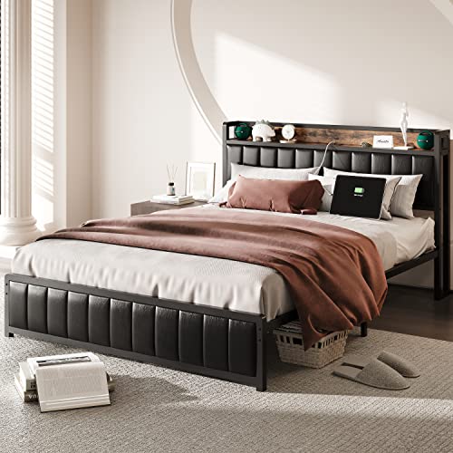 ANCTOR Full Bed Frame with Storage Headboard & Footboard, Upholstered Platform Bed with USB Ports & Outlets, Strong Steel Slats Support Mattress Foundation, No Box Spring Needed