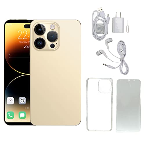 I14 ProMax Cell Phone,6.1in Unlocked Android11 Smartphone,4GB RAM 64GB ROM,16MP Camera,Ten Cores Processor,Face Recognition,WiFi,BT,FM,GPS,7000mAh,Golden