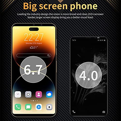 I14 ProMax Cell Phone,6.1in Unlocked Android11 Smartphone,4GB RAM 64GB ROM,16MP Camera,Ten Cores Processor,Face Recognition,WiFi,BT,FM,GPS,7000mAh,Golden