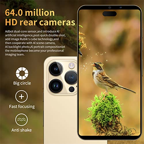 I14 ProMax Cell Phone,6.1in Unlocked Android11 Smartphone,4GB RAM 64GB ROM,16MP Camera,Ten Cores Processor,Face Recognition,WiFi,BT,FM,GPS,7000mAh,Golden