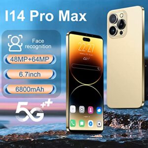 I14 ProMax Cell Phone,6.1in Unlocked Android11 Smartphone,4GB RAM 64GB ROM,16MP Camera,Ten Cores Processor,Face Recognition,WiFi,BT,FM,GPS,7000mAh,Golden