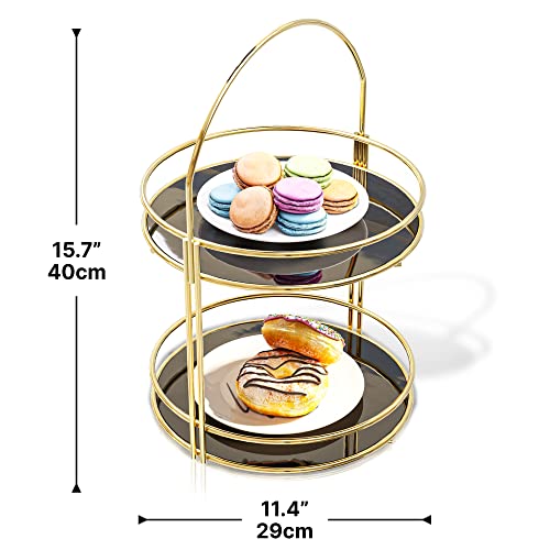 2-Tier Gold Metal Countertop Organizer with Handle - Multipurpose Storage Stand for Bathroom, Vanity Makeup Tray, Kitchen Spice Rack, Cake Stand with Washable Serving Plate