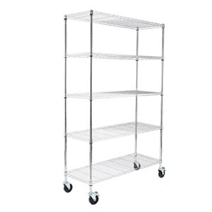 ezpeaks 5-tier chrome nsf certified storage shelves, heavy duty steel wire shelving unit with wheels and adjustable feet, used as pantry shelf, garage or bakers rack kitchen shelving (18"dx48"wx72"h)