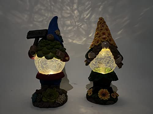 Koncenttop S/2 Gnomes Garden Outdoor Figurine Lights Decor, Solar Light Gnomes Stuatues Yard Decoration, Resin Gnome Figurine Gnome Lady with Sunflower Hat, Outdoor Pation Decor, Gome Gift,Yard Decor