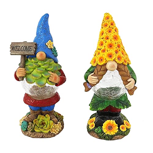 Koncenttop S/2 Gnomes Garden Outdoor Figurine Lights Decor, Solar Light Gnomes Stuatues Yard Decoration, Resin Gnome Figurine Gnome Lady with Sunflower Hat, Outdoor Pation Decor, Gome Gift,Yard Decor