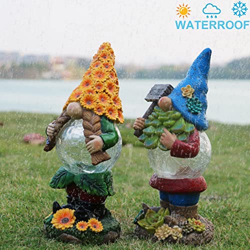 Koncenttop S/2 Gnomes Garden Outdoor Figurine Lights Decor, Solar Light Gnomes Stuatues Yard Decoration, Resin Gnome Figurine Gnome Lady with Sunflower Hat, Outdoor Pation Decor, Gome Gift,Yard Decor