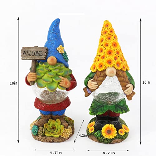 Koncenttop S/2 Gnomes Garden Outdoor Figurine Lights Decor, Solar Light Gnomes Stuatues Yard Decoration, Resin Gnome Figurine Gnome Lady with Sunflower Hat, Outdoor Pation Decor, Gome Gift,Yard Decor