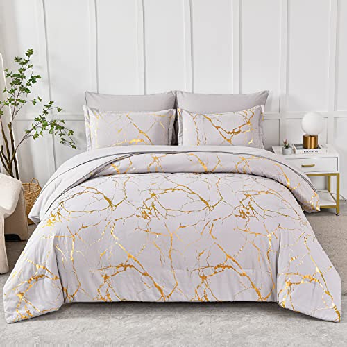 Yogeneg Gold Metallic Marble King Size Comforter Set,7 Piece Bed in a Bag,Foil Print Glitter Grey Comforter and Sheet Set,All Season Soft Microfiber Complete Bedding Sets(Grey,King)