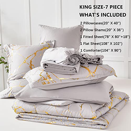 Yogeneg Gold Metallic Marble King Size Comforter Set,7 Piece Bed in a Bag,Foil Print Glitter Grey Comforter and Sheet Set,All Season Soft Microfiber Complete Bedding Sets(Grey,King)