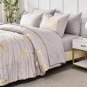 Yogeneg Gold Metallic Marble King Size Comforter Set,7 Piece Bed in a Bag,Foil Print Glitter Grey Comforter and Sheet Set,All Season Soft Microfiber Complete Bedding Sets(Grey,King)